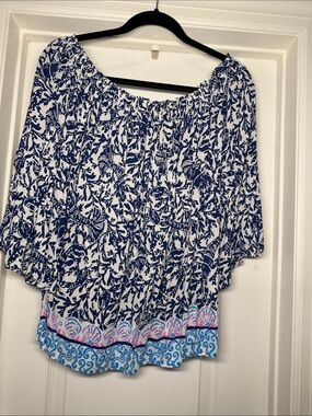 Blue & White Off-Shoulder Printed Blouse